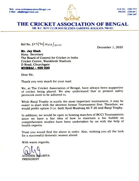 CAB's letter to #BCCI for... - Cricket Association of Bengal