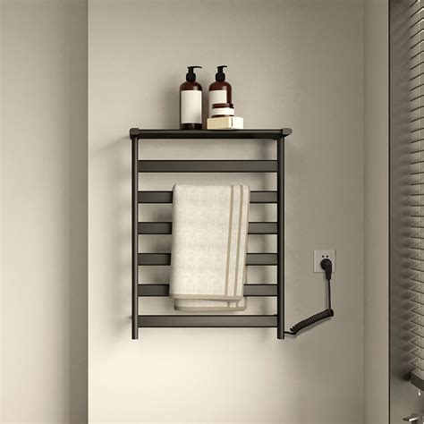 Black Wall-Mount Electric Towel Warmer Heated Towel Rack with Top Shelf ...