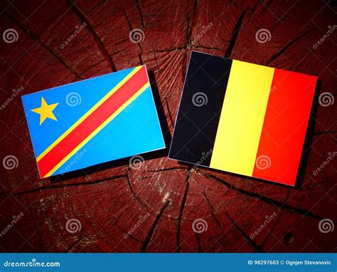 Democratic Republic of the Congo Flag with Belgian Flag on a Tree Stump ...