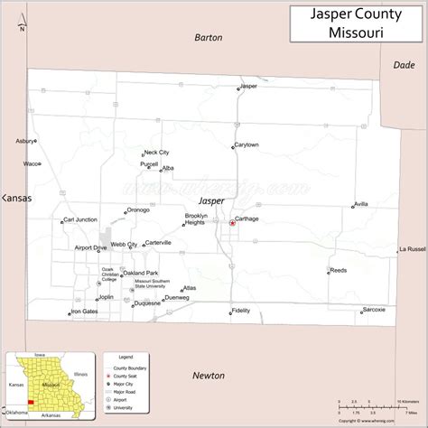 Map of Jasper County, Missouri showing cities, highways & important places. Check Where is ...