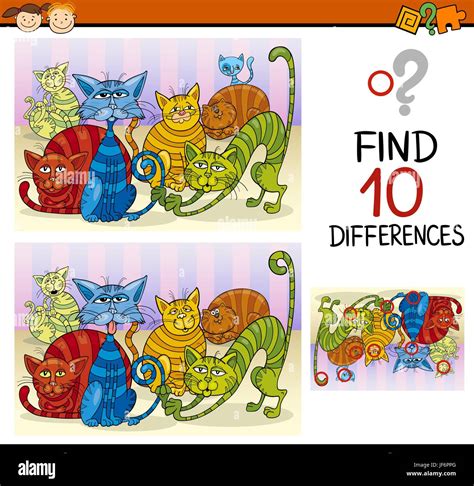 education, cats, illustration, puzzle, find, cartoon, differences, spot ...