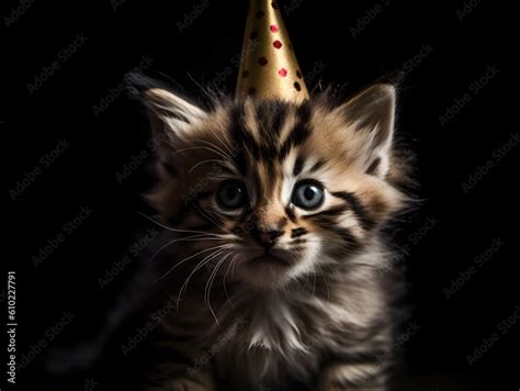 Handsome young tabby Maine Coon cat, sitting up near birthday cake with ...