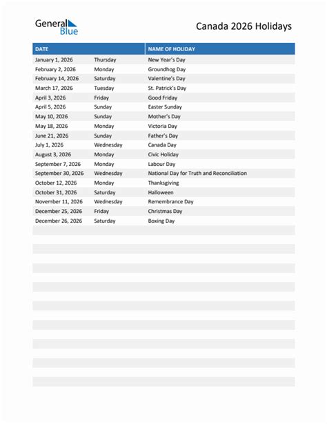 2026 Canada List of Holidays in PDF, Word, and Excel