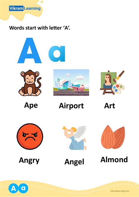 Download words start with letter 'a' worksheets | vikramlearning.com