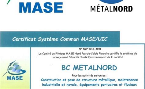 Certification MASE - BC Metalnord