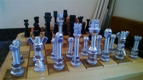 Cool Chess Set pieces that Lee Summers made from nuts & bolts Diy Chess ...