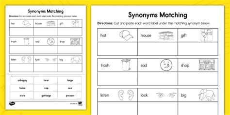 Kindergarten Synonyms Matching Cut and Paste Worksheet