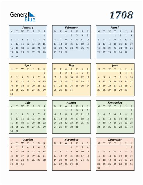 1708 Yearly Calendar Templates with Monday Start