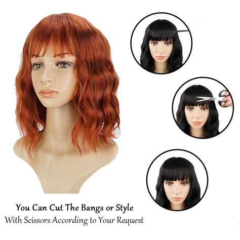 Auburn Wavy Wigs With Bangs Short Bob Wavy Wigs for Women Curly ...