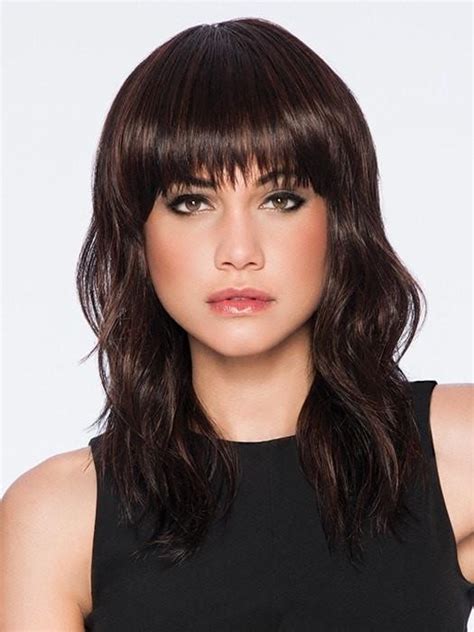 Dark Browm Softly Textured Layers Medium Wavy Wigs with Bangs