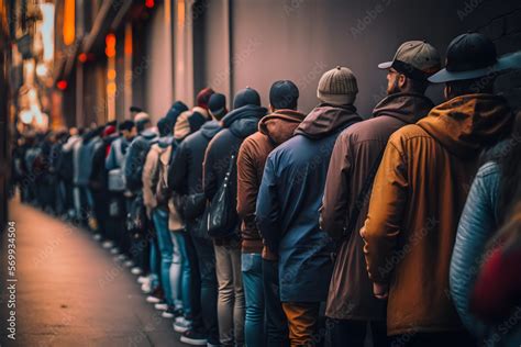 Long line of people waiting for the opening of a store, municipal or ...