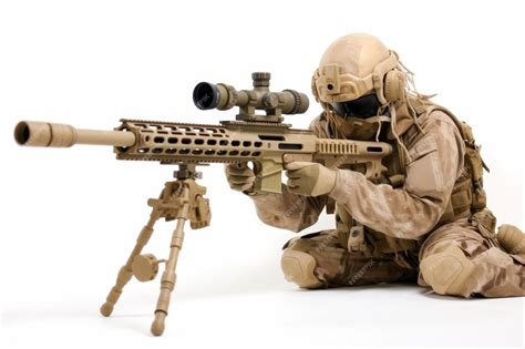 Military soldier aiming machine gun isolated on white background for ...