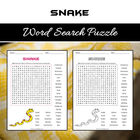 Snake Word Search Puzzle Worksheet PDF – PrintableBazaar