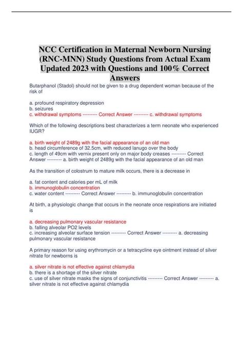 NCC Certification in Maternal Newborn Nursing (RNC-MNN) Study Questions ...