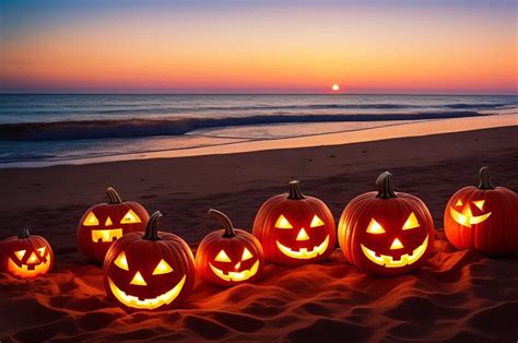 Halloween on a beach Pumpkins starfish and seashells on the seashore at ...