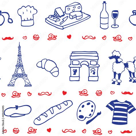 French symbols & icons illustrated seamless vector pattern Stock Vector ...