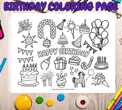 Birthday Coloring Page for Kids; Printable Coloring Book; Kids Coloring ...