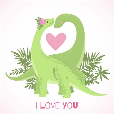 Dinosaures De Dessin Animé Mignon Amoureux Isolés Sur Blanc. | Vecteur ...