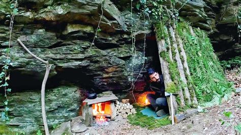 Bushcraft Camp Under a Rock - Building Survival Shelter & Stone ...