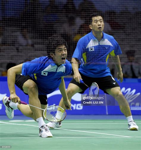 South Korean badminton players Lee Yong Dae and Jung Jae Sung compete ...