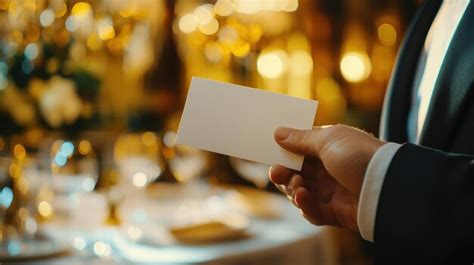 A gentleman in formal attire presents a blank card at an elegantly set ...