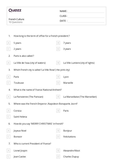 50+ French worksheets for 6th Class on Quizizz | Free & Printable
