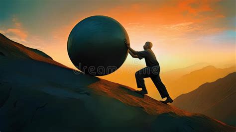 Businessman Climbing Uphill, Facing Difficulties. Man Pushing a Huge ...