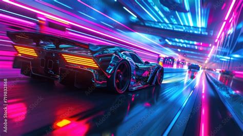 The neon race track lined with towering neon pillars casting an ...