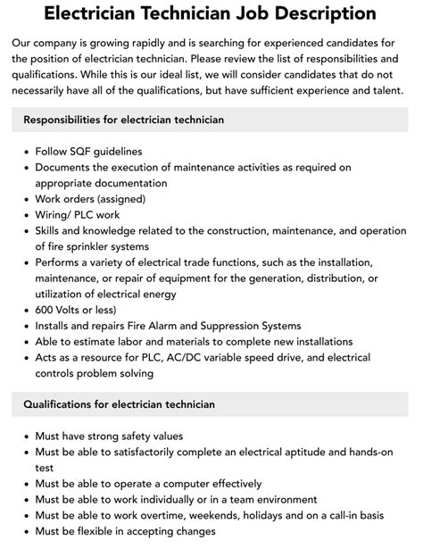 Electrician Technician Job Description | Velvet Jobs
