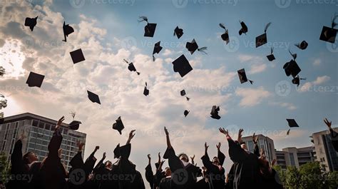 graduates student Graduation caps thrown in the Air Blue sky, 23329122 ...