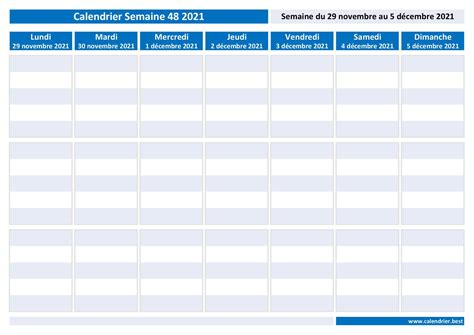 Semaine 48 2021 : dates, calendrier et planning hebdomadaire à imprimer