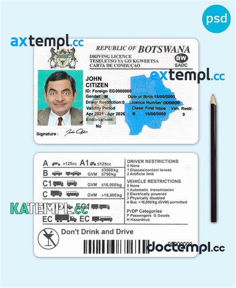 sample Botswana driving license template in PSD format, with all fonts ...