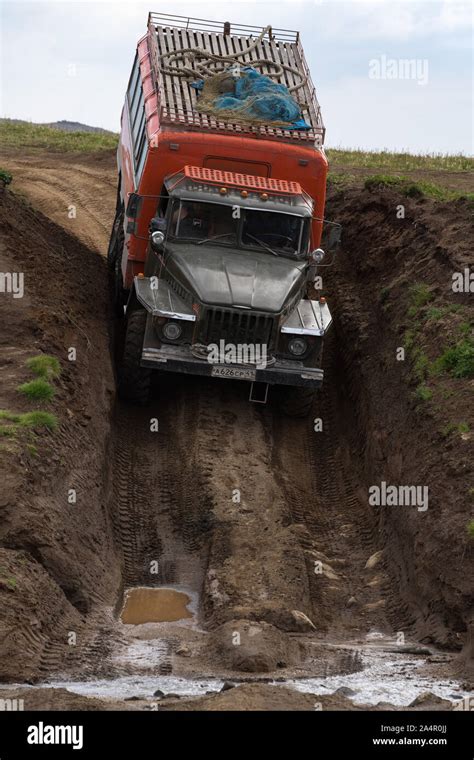Russian off-road extreme expedition truck Ural driving on dirty muddy ...