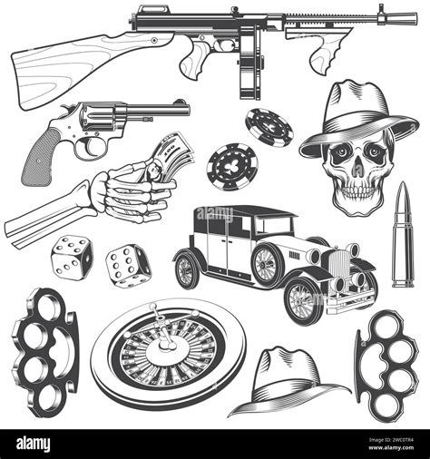 Gangster set. Vector illustration. Vintage monochrome icon casino wheel ...