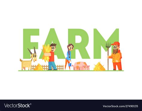 Farm word with little farmers characters working Vector Image