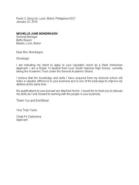 Example Application Letter For Work Immersion | PDF | Behavior ...