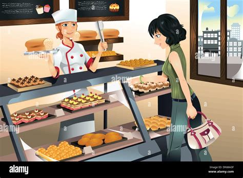 A vector illustration of a woman buying cake at a bakery store Stock ...