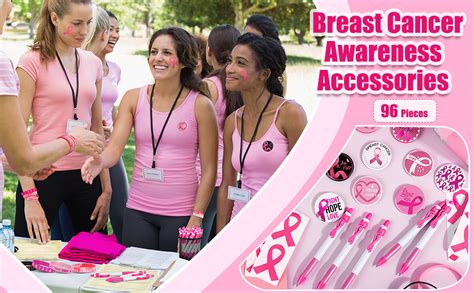 durony 96 Pieces Breast Cancer Awareness Gifts Set Include 24 Breast Cancer Awareness Bracelets 24 Pink Ribbon Pen 24 Breast Cancer Awareness Pins 24 Pink Ribbon Stickers for Women Charity Supplies