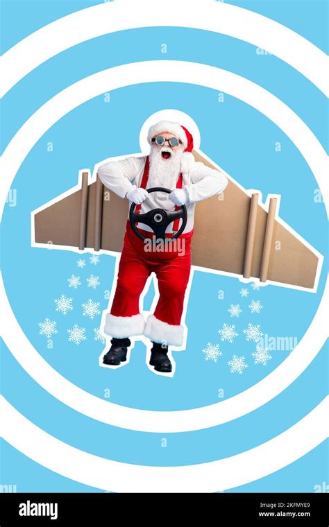 Vertical collage picture of funky aged santa hands hold wheel flying ...