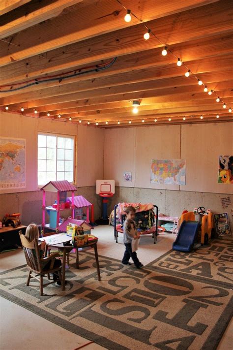 basement play room string lights kid cave unfinished basement kid toys ...