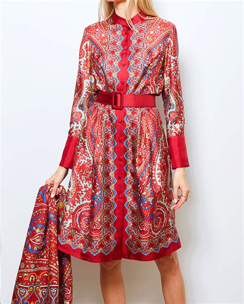 SILK DRESS WITH BELT PRINT: PAISLEY: RED - RANI ARABELLA