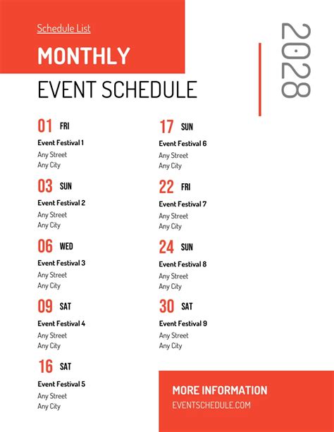 Festival Event List Schedule Template - Venngage