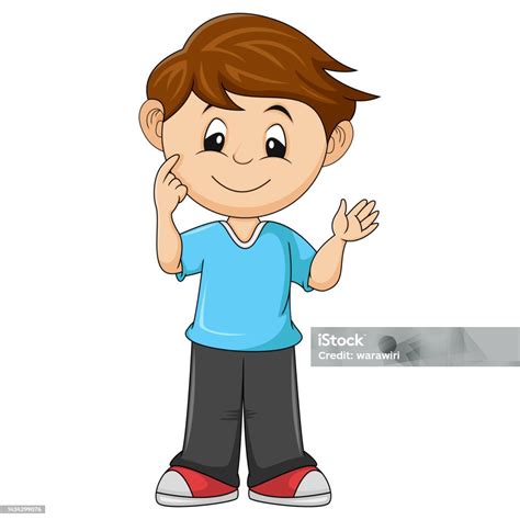 Garçon Timide Souriant Et Agitant Illustration Vectorielle De Dessin ...