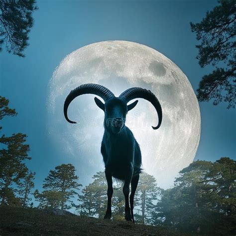 Frontal Goat with Long Horns in the Forest. Large Full Moon among Trees ...