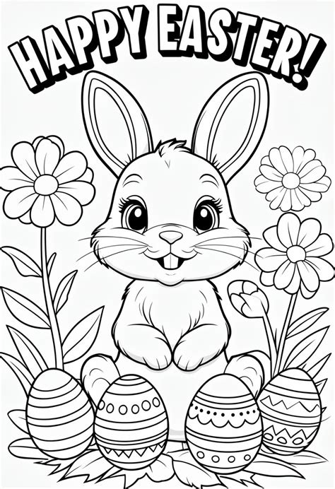 Joyful Bunny with Easter Eggs and Flowers Coloring Page - Playground