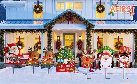 Afirst Christmas Yard Stakes Light Up Yard Decorations with LED Gnomes Santa Trees Metal Lighted Stakes Merry Christmas Sign Outdoor Garden Stake Lawn Pathway Outdoor Decoration