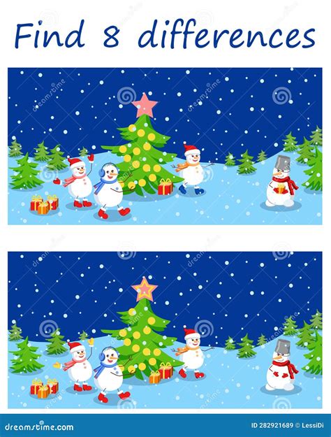 Logic Puzzle Game. Find 8 Differences in Christmas Party Snowmen Stock ...