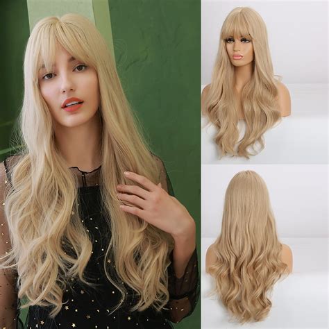 RightOn Long Wavy Blonde Wig with Bangs 26inch Synthetic Long Blonde ...