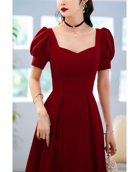 Tea Length Burgundy Party Dress With Sleeves #WS7042 - GemGrace.com