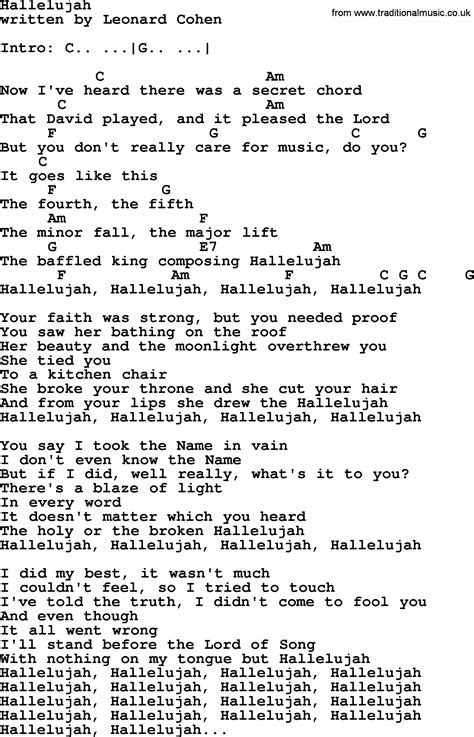 Leonard Cohen song: Hallelujah, lyrics and chords